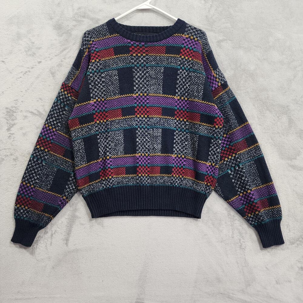 Vintage Michael Gerald Sweater Mens M Blue Geometric Knit Pullover Crew Neck
